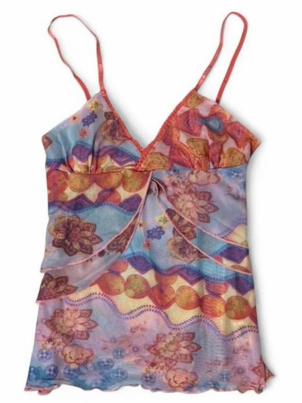 Y2K Mesh Floral Babydoll Cami XS Sheer Fairycore Psychedelic Going Out Top Boho
